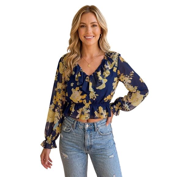 Marée Pour Toi Tops - Maree Pour Toi Floral Blouse Size 14 Blue Cropped Ruffle Sheer Mesh Feminine NWT